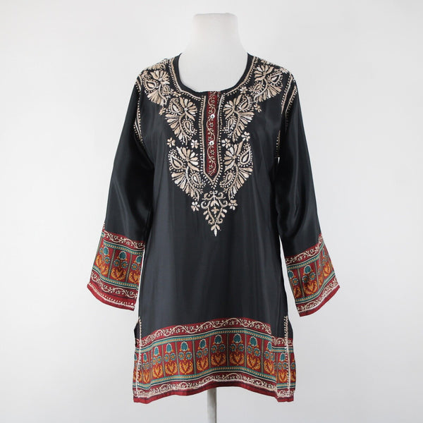 Cultural Elements NEW $89 Sz S Black Cream Burgundy Embroidered Poly Silk Top