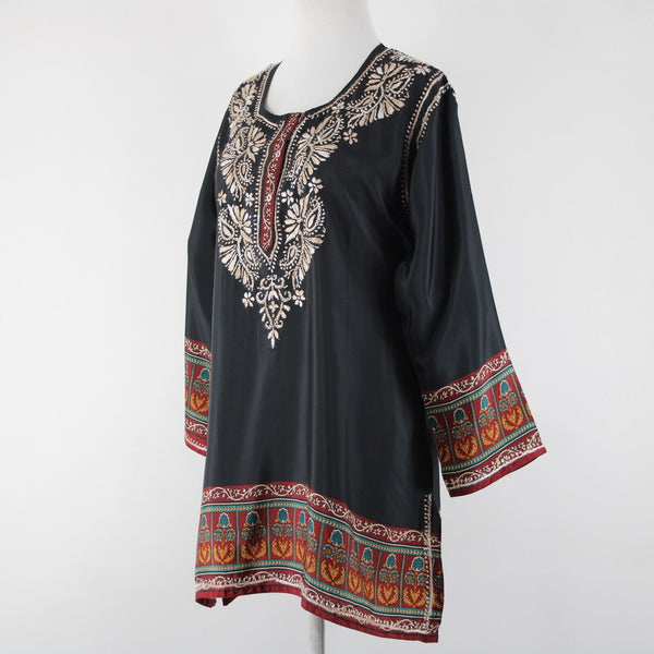 Cultural Elements NEW $89 Sz S Black Cream Burgundy Embroidered Poly Silk Top