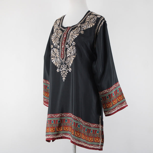 Cultural Elements NEW $89 Sz S Black Cream Burgundy Embroidered Poly Silk Top