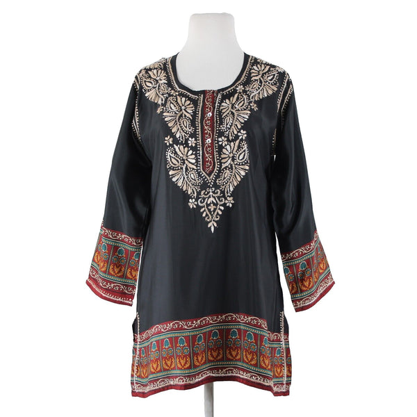 Cultural Elements NEW $89 Sz S Black Cream Burgundy Embroidered Poly Silk Top