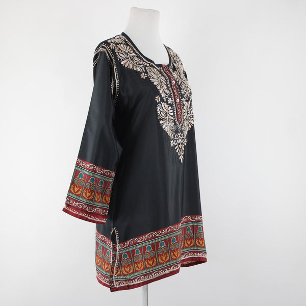 Cultural Elements NEW $89 Sz S Black Cream Burgundy Embroidered Poly Silk Top