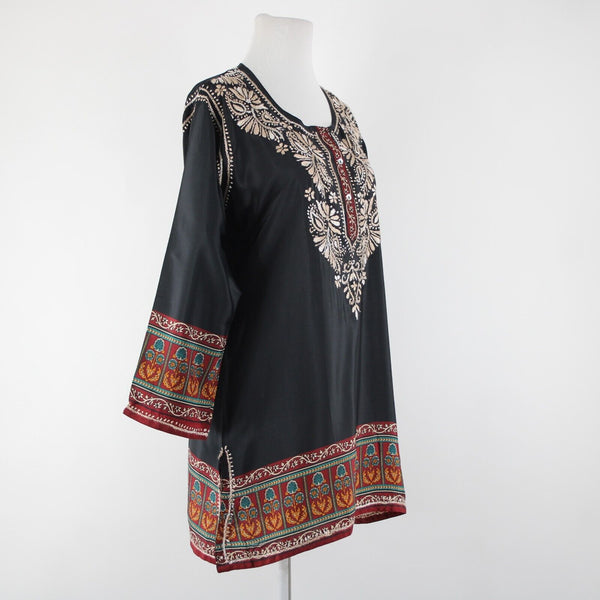 Cultural Elements NEW $89 Sz S Black Cream Burgundy Embroidered Poly Silk Top