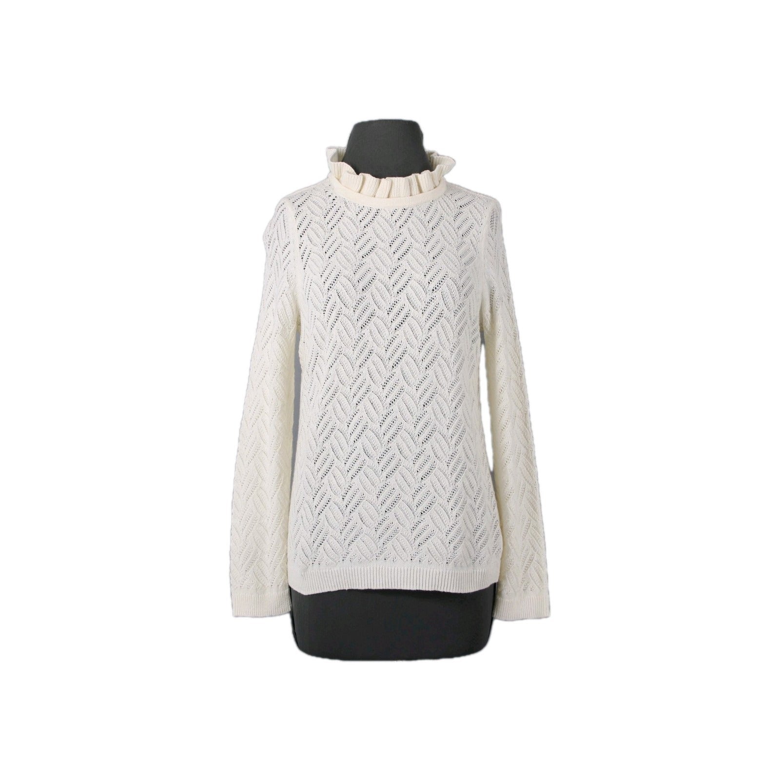 Talbots NEW $99 Sz M Petite Ivory Open Weave Ruffle Neck Cotton Blend Sweater
