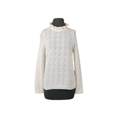 Talbots NEW $99 Sz M Petite Ivory Open Weave Ruffle Neck Cotton Blend Sweater