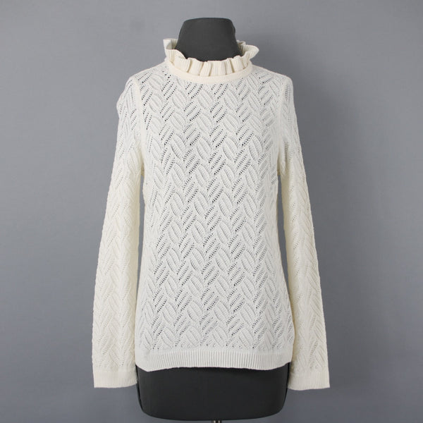 Talbots NEW $99 Sz M Petite Ivory Open Weave Ruffle Neck Cotton Blend Sweater
