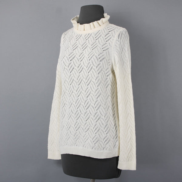 Talbots NEW $99 Sz M Petite Ivory Open Weave Ruffle Neck Cotton Blend Sweater