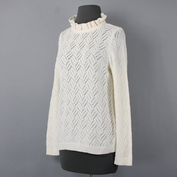 Talbots NEW $99 Sz M Petite Ivory Open Weave Ruffle Neck Cotton Blend Sweater