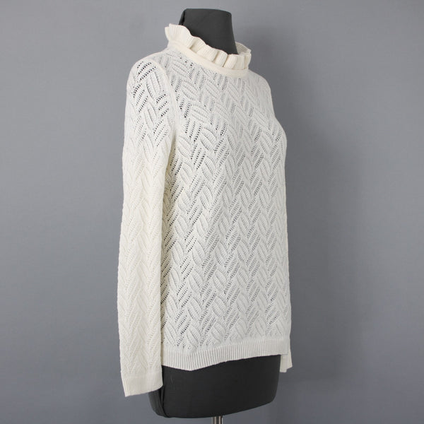 Talbots NEW $99 Sz M Petite Ivory Open Weave Ruffle Neck Cotton Blend Sweater