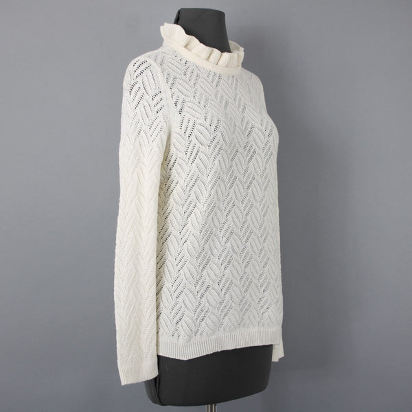 Talbots NEW $99 Sz M Petite Ivory Open Weave Ruffle Neck Cotton Blend Sweater