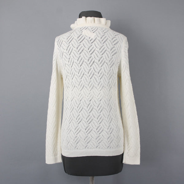 Talbots NEW $99 Sz M Petite Ivory Open Weave Ruffle Neck Cotton Blend Sweater