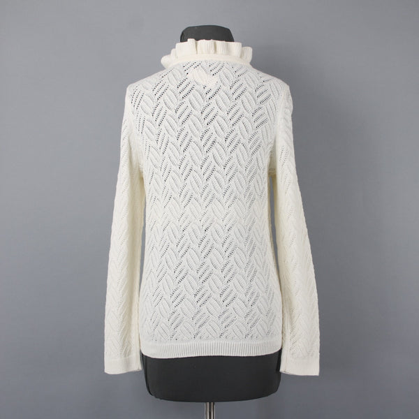 Talbots NEW $99 Sz M Petite Ivory Open Weave Ruffle Neck Cotton Blend Sweater