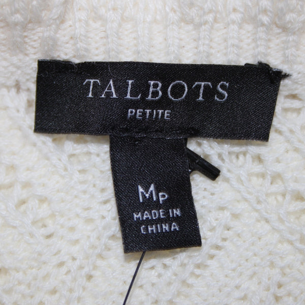 Talbots NEW $99 Sz M Petite Ivory Open Weave Ruffle Neck Cotton Blend Sweater