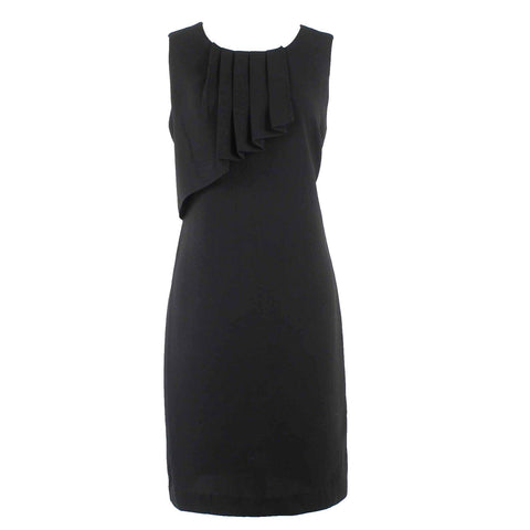 Voir Voir Sz 8 Black Pleated Asymmetric Bib Kick Pleat Polyester Dress