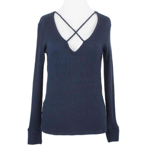 LNA Sz XS Navy Blue Waffle Weave X Neck Cotton Blend Top