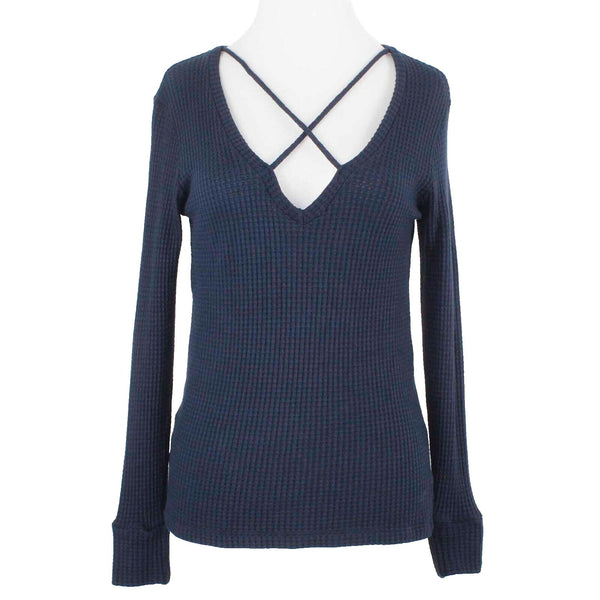 LNA Sz XS Navy Blue Waffle Weave X Neck Cotton Blend Top