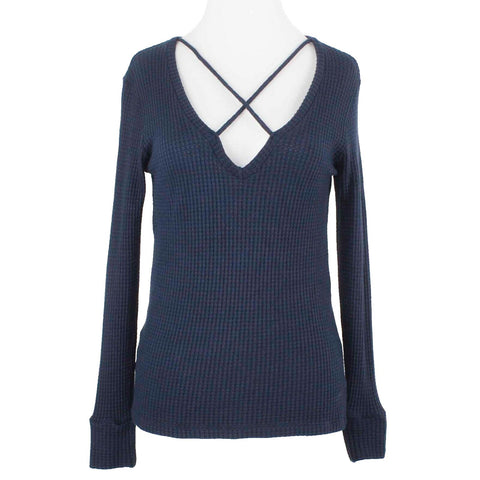 LNA Sz XS Navy Blue Waffle Weave X Neck Cotton Blend Top