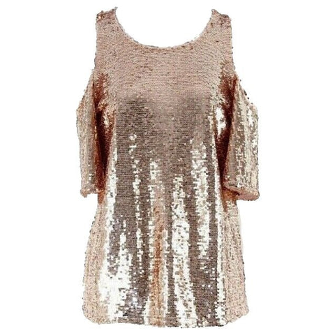 INC P/S Peach Full Sequin Cold Shoulder 100% Polyester Top