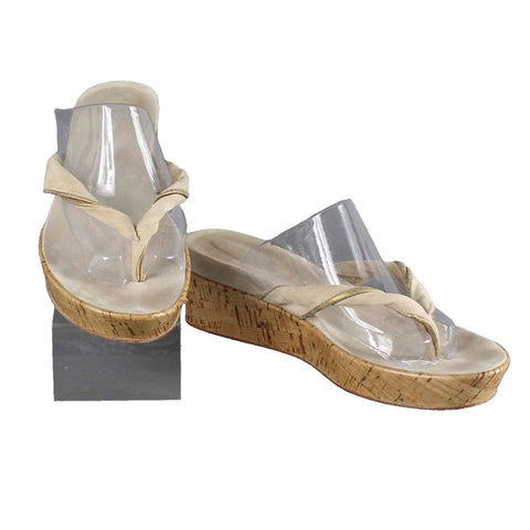 Kenneth Cole Sz 7.5/38 Beige Tan Gold Cork 2" Thong Wedge Sandals
