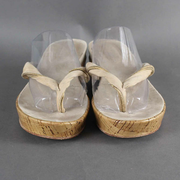 Kenneth Cole Sz 7.5/38 Beige Tan Gold Cork 2" Thong Wedge Sandals