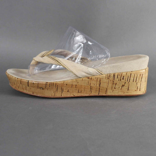 Kenneth Cole Sz 7.5/38 Beige Tan Gold Cork 2" Thong Wedge Sandals