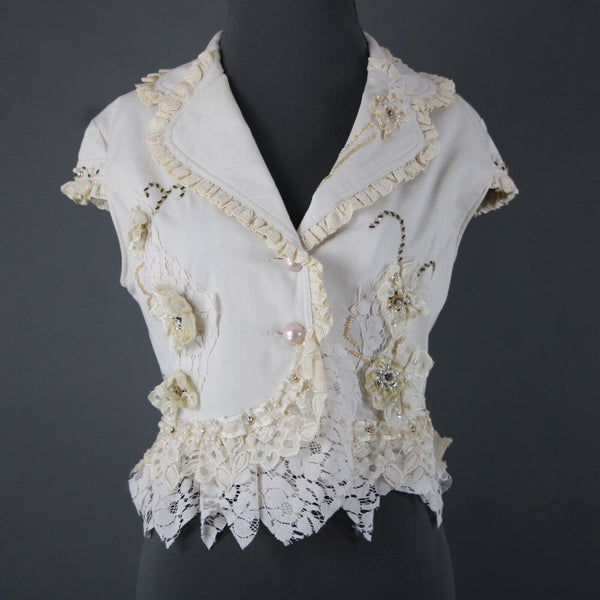 Black Cat Fashion Sz M Cream Tan Beaded Lace Rhinestones Pearls Cotton Top