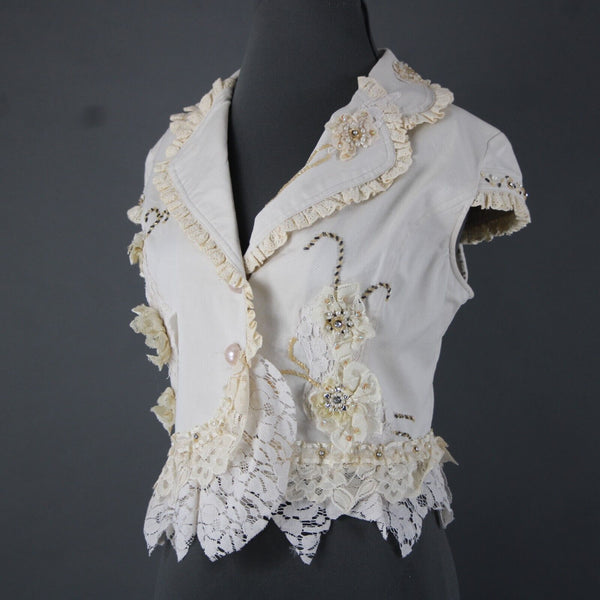 Black Cat Fashion Sz M Cream Tan Beaded Lace Rhinestones Pearls Cotton Top