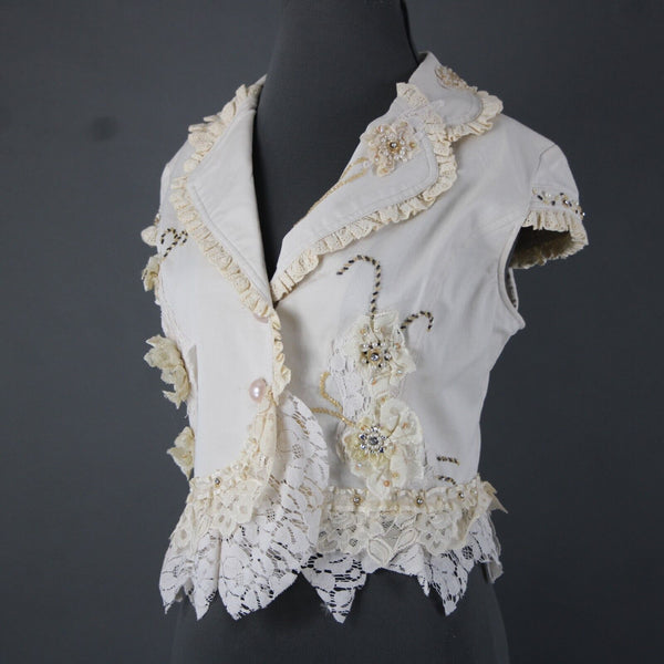 Black Cat Fashion Sz M Cream Tan Beaded Lace Rhinestones Pearls Cotton Top