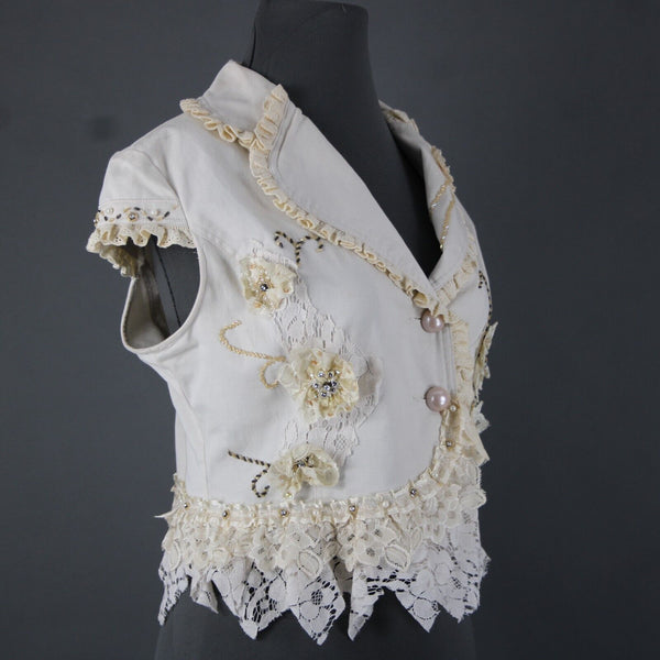 Black Cat Fashion Sz M Cream Tan Beaded Lace Rhinestones Pearls Cotton Top