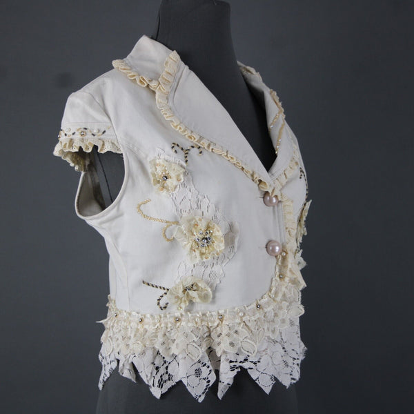Black Cat Fashion Sz M Cream Tan Beaded Lace Rhinestones Pearls Cotton Top