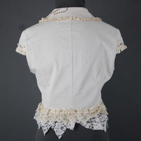 Black Cat Fashion Sz M Cream Tan Beaded Lace Rhinestones Pearls Cotton Top
