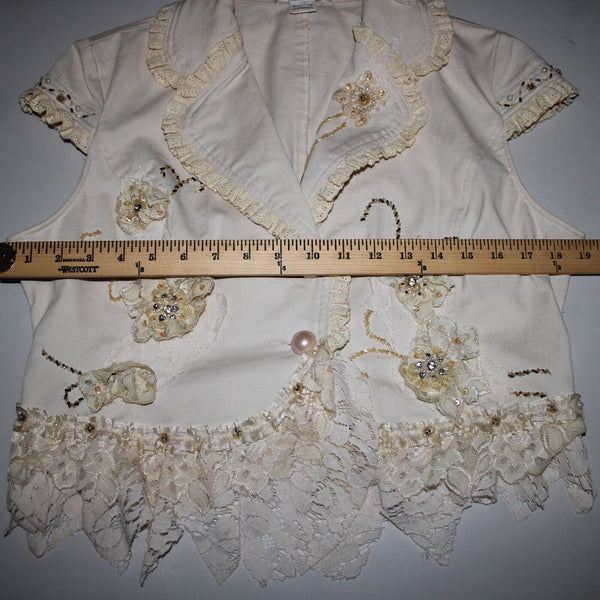 Black Cat Fashion Sz M Cream Tan Beaded Lace Rhinestones Pearls Cotton Top