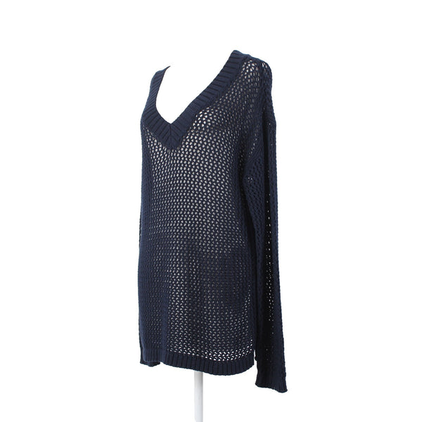 Talbots Sweater NEW $90 Sz L Navy Blue Open Weave V Neck 100% Cotton Sweater