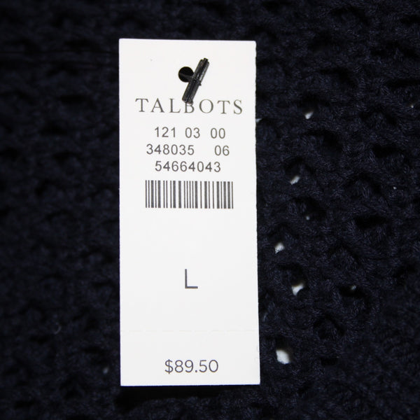 Talbots Sweater NEW $90 Sz L Navy Blue Open Weave V Neck 100% Cotton Sweater