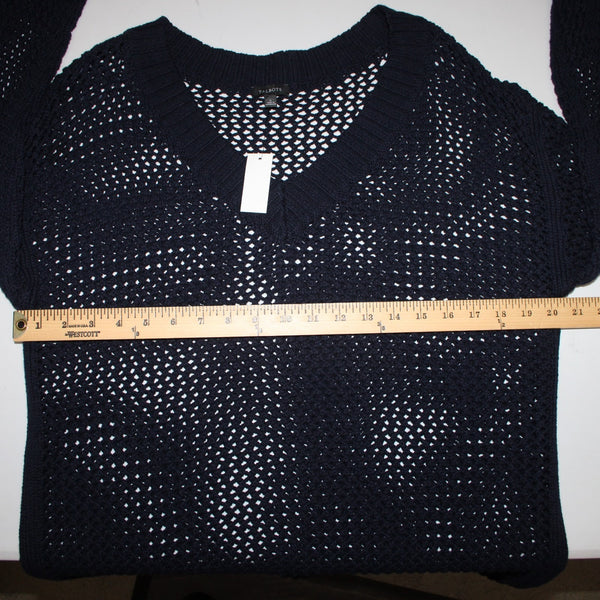 Talbots Sweater NEW $90 Sz L Navy Blue Open Weave V Neck 100% Cotton Sweater