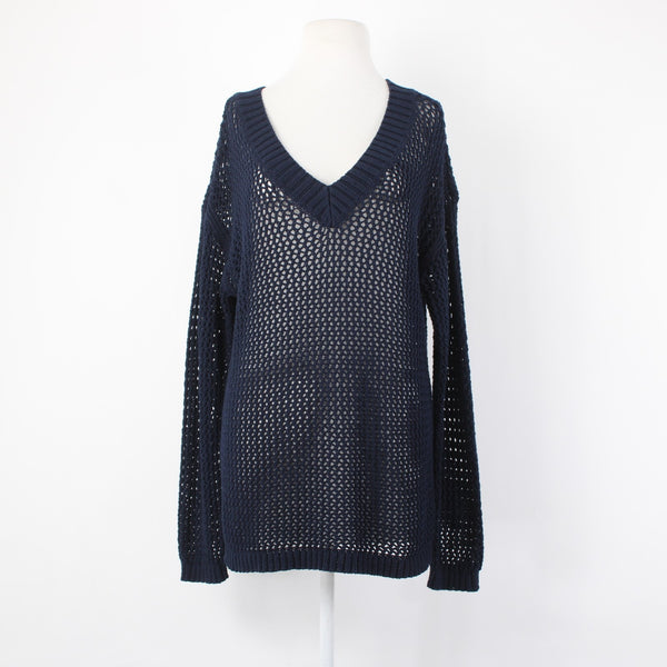 Talbots Sweater NEW $90 Sz L Navy Blue Open Weave V Neck 100% Cotton Sweater