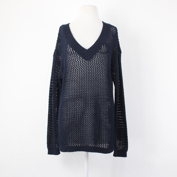Talbots Sweater NEW $90 Sz L Navy Blue Open Weave V Neck 100% Cotton Sweater