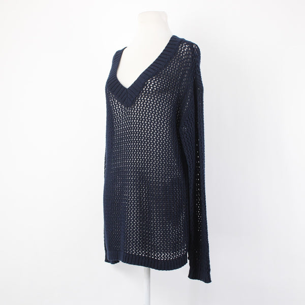 Talbots Sweater NEW $90 Sz L Navy Blue Open Weave V Neck 100% Cotton Sweater