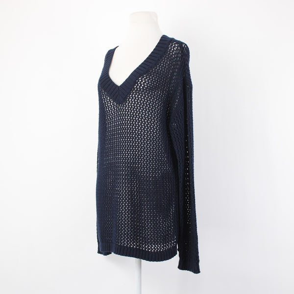 Talbots Sweater NEW $90 Sz L Navy Blue Open Weave V Neck 100% Cotton Sweater