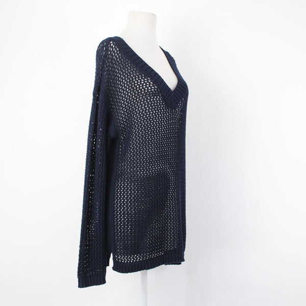 Talbots Sweater NEW $90 Sz L Navy Blue Open Weave V Neck 100% Cotton Sweater