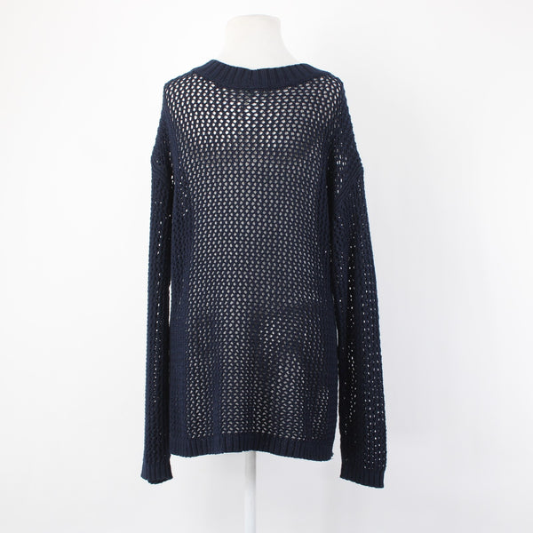 Talbots Sweater NEW $90 Sz L Navy Blue Open Weave V Neck 100% Cotton Sweater