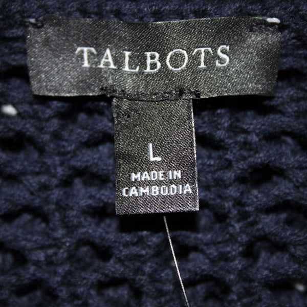Talbots Sweater NEW $90 Sz L Navy Blue Open Weave V Neck 100% Cotton Sweater