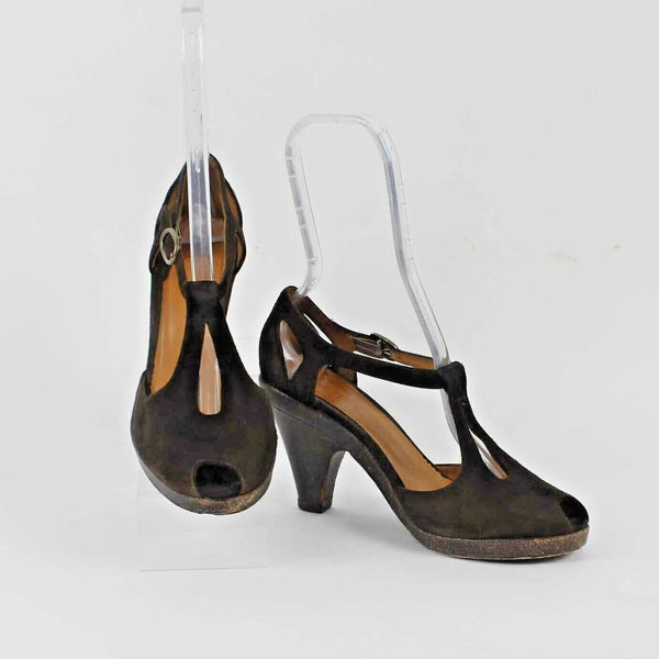 Coclico Sz 39 Brown Suede Leather Double T Strap 3.5" Heel Open Toe Shoe