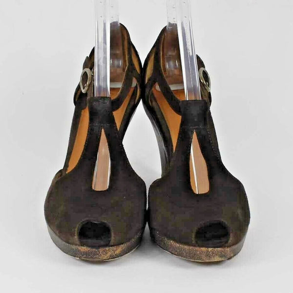 Coclico Sz 39 Brown Suede Leather Double T Strap 3.5" Heel Open Toe Shoe
