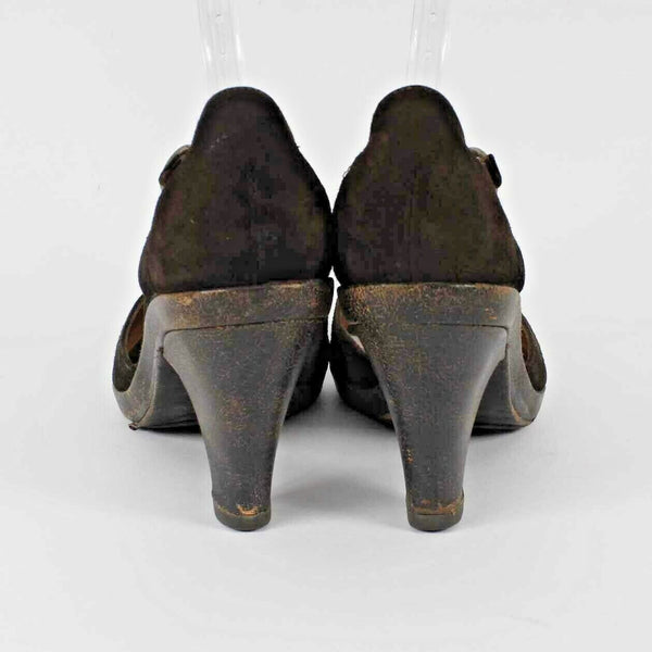 Coclico Sz 39 Brown Suede Leather Double T Strap 3.5" Heel Open Toe Shoe