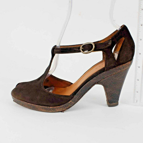 Coclico Sz 39 Brown Suede Leather Double T Strap 3.5" Heel Open Toe Shoe