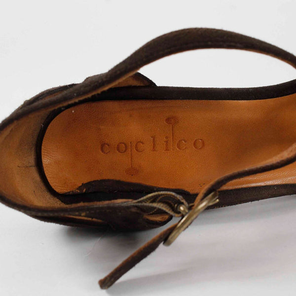 Coclico Sz 39 Brown Suede Leather Double T Strap 3.5" Heel Open Toe Shoe