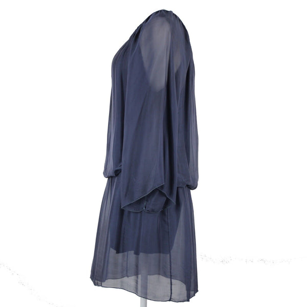 Annati NT NEW $190 Sz NS 6? Navy Blue Elastic Lined Flowy 100% Seta Silk Dress