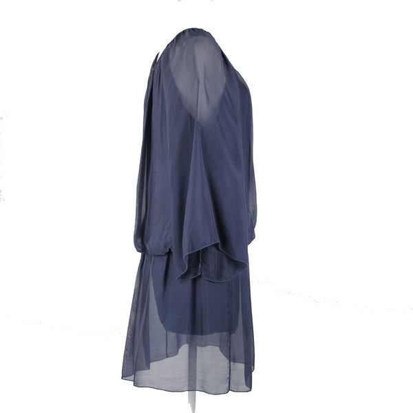 Annati NT NEW $190 Sz NS 6? Navy Blue Elastic Lined Flowy 100% Seta Silk Dress