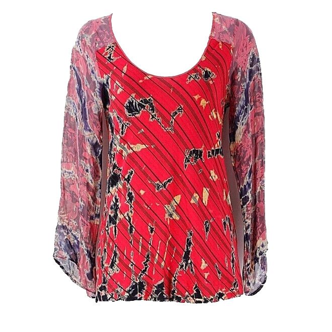 Language NEW $130 Sz XS Red Navy Tan Black Sheer Silk Sleeve Scoop Rayon Top