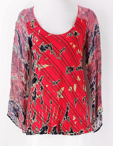 Language NEW $130 Sz XS Red Navy Tan Black Sheer Silk Sleeve Scoop Rayon Top